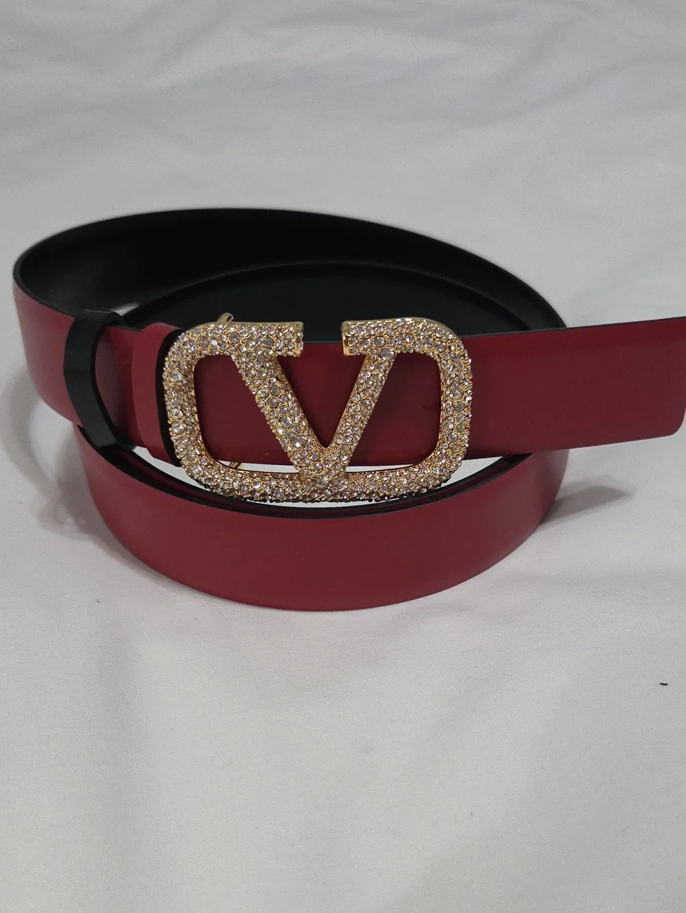 Valentino Garavani Red Black Belt with Gold Crystal Buckle